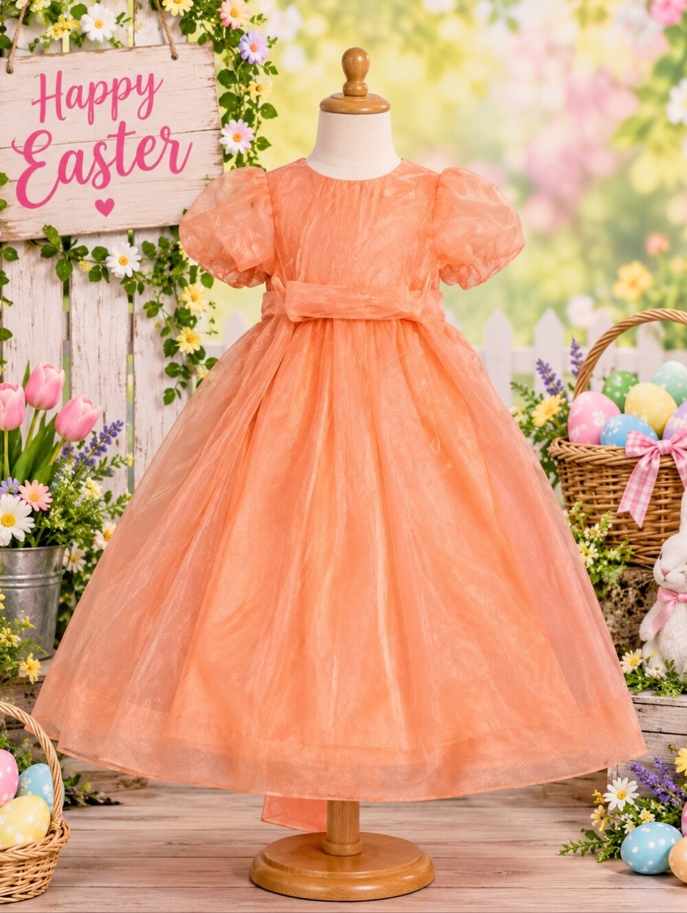 Girls' Organza Party Dress with Peter Pan Collar - Peach